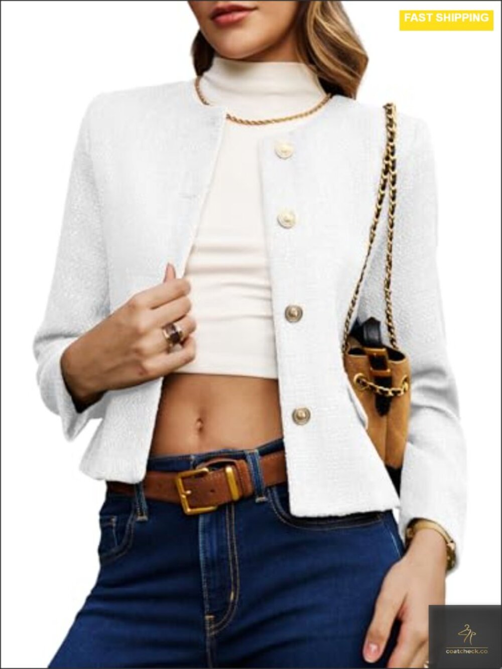 Cropped Tweed Blazer Women Casual Jacket Collarless Button Down